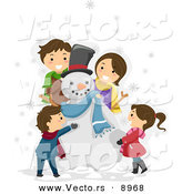 Vector of a Happy Cartoon Family Making a Snowman Together by BNP Design Studio