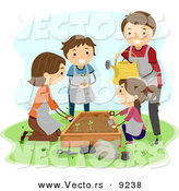 Vector of a Happy Cartoon Family Planting in a Raised Garden Ged by BNP Design Studio