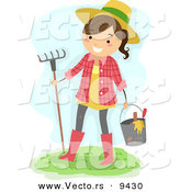 Vector of a Happy Cartoon Farmer Girl with Bucket of Garden Tools and a Rake by BNP Design Studio
