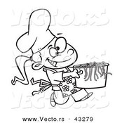 Vector of a Happy Cartoon Girl Chef Carrying a Pot of Pasta - Coloring Page Outline by Toonaday