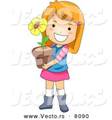 Vector of a Happy Cartoon Girl Holding a Potted Yellow Flower by BNP Design Studio