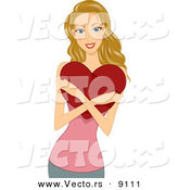 Vector of a Happy Cartoon Girl Hugging a Valentine's Day Love Heart Pillow by BNP Design Studio