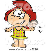 Vector of a Happy Cartoon Girl Listening to a Shell with Music Notes on a Beach by Toonaday