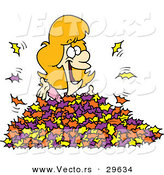 Vector of a Happy Cartoon Girl Playing in Autumn Leaves by Toonaday
