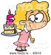 Vector of a Happy Cartoon Girl Posing with Her Fifth Birthday Cake by Toonaday