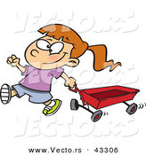 Vector of a Happy Cartoon Girl Pulling a Red Wagon by Toonaday