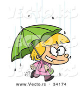 Vector of a Happy Cartoon Girl Quickly Walking Under an Umbrella in the Rain by Toonaday