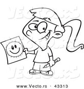 Vector of a Happy Cartoon Girl Showing a Connect the Dots Smiley Face - Coloring Page Outline by Toonaday