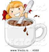 Vector of a Happy Cartoon Girl Stirring Giant Cup of Hot Chocolate by BNP Design Studio