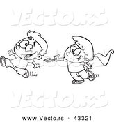 Vector of a Happy Cartoon Girl Trying to Tickle a Running Boy with a Feather - Coloring Page Outline by Toonaday