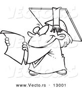 Vector of a Happy Cartoon Graduate Reading Certificate - Coloring Page Outline Version by Toonaday