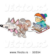 Vector of a Happy Cartoon Huskies Pulling Boy on a Snow Sled by Toonaday