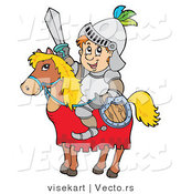 Vector of a Happy Cartoon Knight Sitting on a Horse While Holding Shield and Sword by Visekart