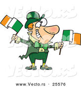 Vector of a Happy Cartoon Leprechaun Man Waving Two Irish Flags by Toonaday