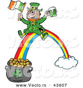 Vector of a Happy Cartoon Leprechaun Riding a Rainbow down to a Lucky Pot of Gold with a Beer and Irish Flag by LaffToon