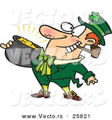 Vector of a Happy Cartoon Leprechaun Smoking a Pipe While Carrying Pot Full of Gold by Toonaday