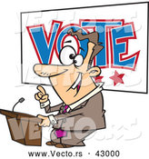 Vector of a Happy Cartoon Male Politician Giving a Vote Themed Speech Before an Election by Toonaday