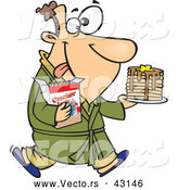 Vector of a Happy Cartoon Man Carrying a Stack of Pancakes and Cracker Jacks While Wearing a Robe by Toonaday