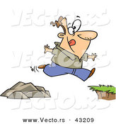 Vector of a Happy Cartoon Man Jumping to a Greener Side of a Cliff by Toonaday