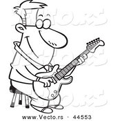 Vector of a Happy Cartoon Man Playing a Guitar on a Stool - Coloring Page Outline by Toonaday