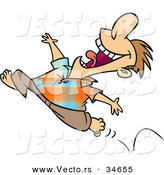 Vector of a Happy Cartoon Man Running Barefoot While Jumping into the Air by Toonaday