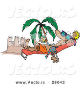 Vector of a Happy Cartoon Man Tanning Beside a Beach Sand Castle with Palm Tree by Toonaday