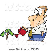 Vector of a Happy Cartoon Man Watering Small American Money Making Tree by Toonaday