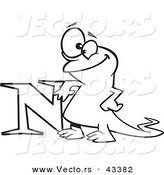 Vector of a Happy Cartoon Newt Leaning on the Letter N - Coloring Page Outline by Toonaday