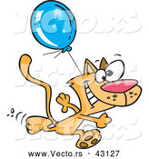 Vector of a Happy Cartoon Orange Cat Running with a Blue Balloon by Toonaday