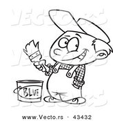 Vector of a Happy Cartoon Painter Boy with a Bucket of Blue Paint - Coloring Page Outline by Toonaday
