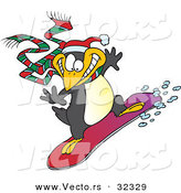 Vector of a Happy Cartoon Penguin Snowboarding by Toonaday
