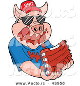 Vector of a Happy Cartoon Pig Wearing a BBQ Hat While Eating Tasty Ribs Covered with Sauce by LaffToon