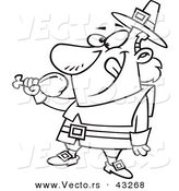 Vector of a Happy Cartoon Pilgrim Eating a Turkey Drumstick - Coloring Page Outline by Toonaday