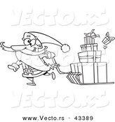 Vector of a Happy Cartoon Santa Pulling Christmas Presents on a Sled - Coloring Page Outline by Toonaday