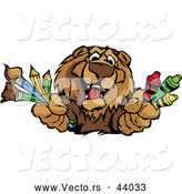 Vector of a Happy Cartoon School Bear Mascot Holding Art Supplies by Chromaco