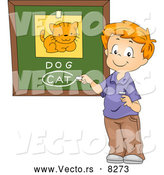 Vector of a Happy Cartoon School Boy Identifying a Cat Dog Comparison Picture Correctly by BNP Design Studio