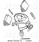 Vector of a Happy Cartoon School Boy Tossing School Supplies into the Air - Coloring Page Outline Version by Toonaday