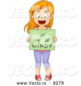 Vector of a Happy Cartoon School Girl Holding a 'Windy' Weather Poster by BNP Design Studio