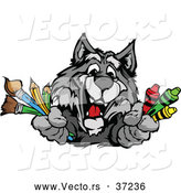 Vector of a Happy Cartoon School Gray Wolf Mascot Holding Art Supplies by Chromaco