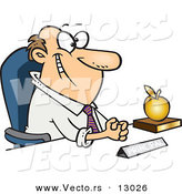 Vector of a Happy Cartoon School Principal Sitting at His Desk with a Golden Apple by Toonaday
