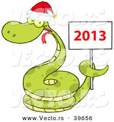 Vector of a Happy Cartoon Snake Wearing a Santa Hat While Coiled Around a 2013 Happy New Sign by Hit Toon