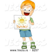 Vector of a Happy Cartoon White School Boy Holding a 'Sunny' Weather Flash Card by BNP Design Studio