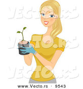 Vector of a Happy Cartoon Woman Holding a Small Plant Sprouting from a Pot by BNP Design Studio