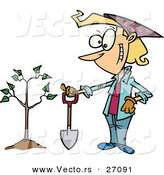 Vector of a Happy Cartoon Woman Standing Beside Her New Tree with a Shovel by Toonaday