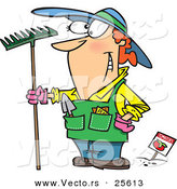 Vector of a Happy Cartoon Woman Standing with a Rake Beside Her New Garden by Toonaday
