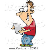 Vector of a Happy Cartoon Young Man Reading a Message on a Computer Tablet by Toonaday