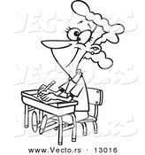 Vector of a Happy Female Cartoon Student Sitting at Her Desk - Coloring Page Outline Version by Toonaday