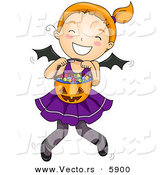Vector of a Happy Halloween Cartoon Bat Girl Holding a Pumpkin Bucket Full of Candy by BNP Design Studio