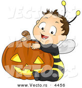 Vector of a Happy Halloween Cartoon Boy Wearing Bee Costume While Sitting Besid a Carved Pumpkin by BNP Design Studio