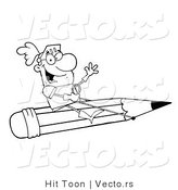 Vector of a Happy Outlined Knight Flying on a Pencil by Hit Toon